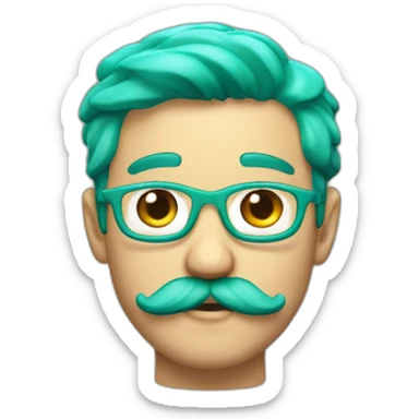 3d emoji of a 18 years boy with green-cyan hairs and green-cyan handlebar mustache  sticker