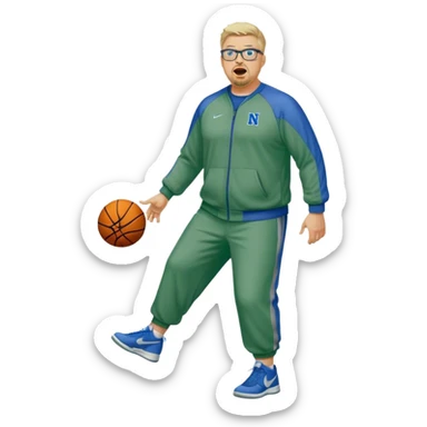 Full Body white male plus size wearing glasses with a goatee with light blonde and gray very short hair yelling basketball head Coach in blue and green Nike dry sweat suit sticker