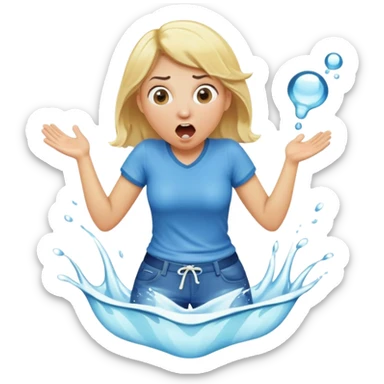 round-faced blond woman kneeling, surprised, cartoonish wide stick with a D-shaped knob coming out of pants hanging in front of her face, water stream squirting from the knob into her open mouth sticker