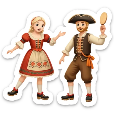 Cinematic Realistic scene of two performers executing the Klompendans, dressed in traditional Dutch costumes complete with wooden clogs and detailed folk patterns, captured in lively motion with soft, natural lighting sticker
