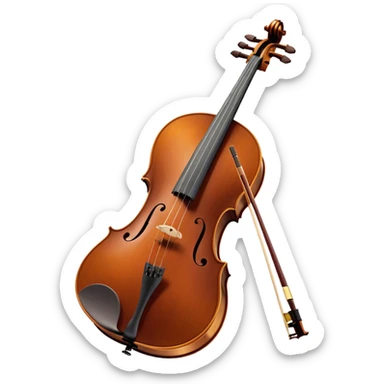 Create an elegant and refined emoji representing the Cremona cello with a Hans Klein HKCB bow. The design should feature the curved wooden body of the cello with a rich, glossy finish, capturing its classical shape and intricate details. The bow should be displayed with fine craftsmanship, highlighting the hair and the smooth, polished wooden stick. Include subtle musical notes floating around the instrument to emphasize its rich, melodic sound. Use deep wood tones like chestnut brown, gold accents for the fittings, and soft lighting effects to give the instrument a timeless, professional feel. The background should be transparent. sticker