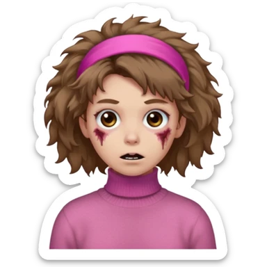 brown fluffy haired zombie with pink turtleneck sweater and hair band sticker