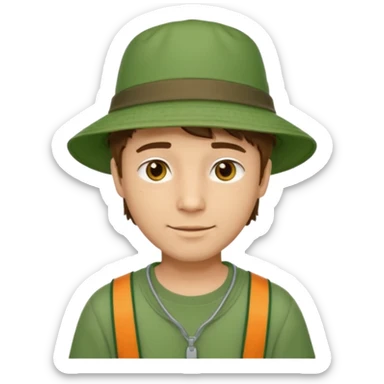 A light-skinned man with short brown hair, golden-brown eyes, and a soft smile, wearing a wide-brimmed green bucket hat. sticker