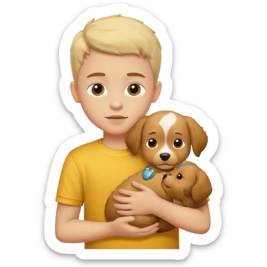 ["Light-skinned boy in yellow shirt, cradling a puppy."] sticker