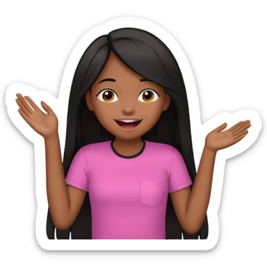 Chocolate brown girl wearing a pink shirt with long straight jet black hair giggling, she has one hand behind her back and one over her mouth  sticker