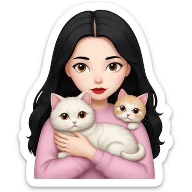 Beautiful Girl Long Hair black, Brows Big , Skin White, Sweater Pale Pink , Big Red Lips, Eyes Brown, Hug Little baby Persa Cream Cat With Cute Eyes sticker