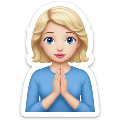 Girl Blonde short wavy hair,  blue eyes, cute blue top, long lashes, pink lips, praying hands sticker