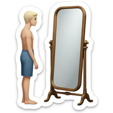 A person looks into a mirror, but instead of their own face, they see a larger figure watching them—distant, imposing, and unreadable. As they step back, the reflection fades, revealing only themselves. They turn away, realizing the power was never in the reflection but in walking away. sticker