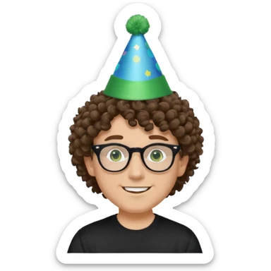 A white guy with curly brown hair and green eyes with a happy face, and wear square black glasses.He’s also got a full silver birthday party hat on his head with blue pom poms on top of it, and his T-shirt is all black, he wears a little gold circle earrings on his left  sticker