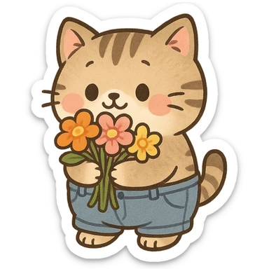 a chubby kitten wearing tiny pants and holding a bouquet of flowers, in a cute cartoon style sticker