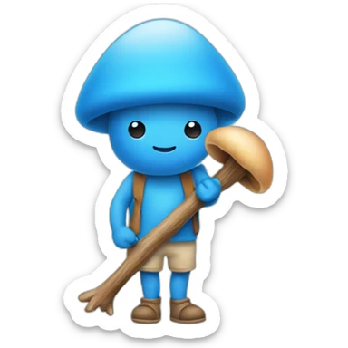  Cute Blue human NO ears wearing a mushroom cap carrying a stick in one arm standing on two legs sticker