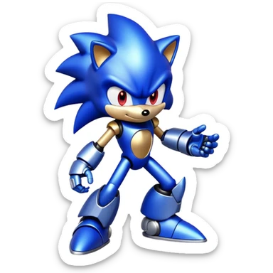 Metal Sonic, robotic blue hedgehog, menacing pose, metallic shine sticker