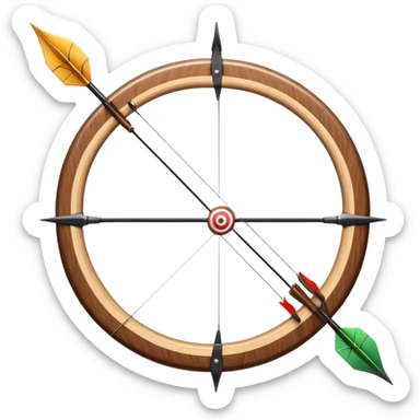 A professional recurve bow with an arrow nocked, ready to be released. The target features concentric rings, placed at a distance. The emphasis is on the bow, arrow, and target, highlighting the precision, focus, and skill involved in competitive archery. sticker