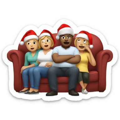 Family sitting on couch wearing Christmas hats. All with fat belly’s. Two people sleeping, one person burping. With Christmas dinner on floor.  sticker