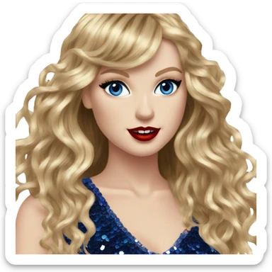 Realistic Taylor swift wearing navy blue glittery sequin bodysuit with tassels and gems and long hair with red lipstick and blue eyes  sticker