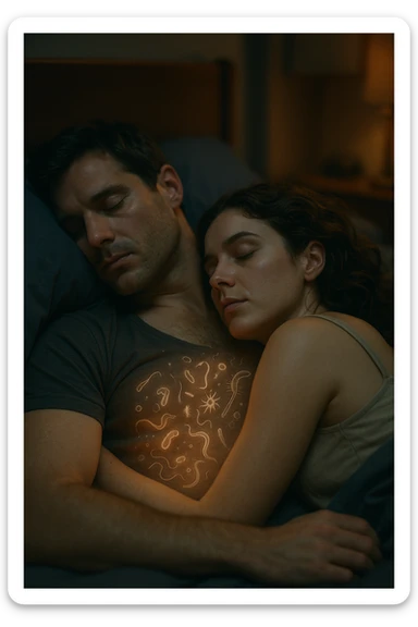 A hyper-realistic, cinematic image of a man and a woman sleeping together in the same bed under soft, dim night lighting, with their bodies close and touching. Their skin appears slightly illuminated where it touches, and under a subtle x-ray style overlay, faint ghostly silhouettes of microscopic parasites and worm-like organisms are visible crawling transdermally between their bodies, symbolizing silent, unnoticed parasite transmission during sleep. The environment is a cozy bedroom with warm tones, but the presence of the glowing parasites creates a slightly unsettling feeling, emphasizing the hidden danger. Their faces are calm, unaware, symbolizing the unconscious nature of the transmission. The image is detailed with a 35mm film hyperrealistic aesthetic, focusing sharply on the point of contact between their skin where the parasites pass, while the background remains softly blurred. The color palette uses muted warm browns and soft moonlight blues to maintain a nighttime, intimate feeling, contrasting with the translucent, glowing parasites to illustrate the hidden risk of transdermal parasite transmission while sharing a bed sticker