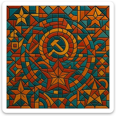 Soviet mosaic pattern in the style of Kerama Marazzi ceramic tiles, intricate geometric shapes, vibrant colors sticker