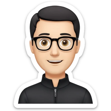 Caucasian man with very short black hair, short graying beard, large black eyeglasses, cheerful expression, black long sleeve shirt with quarter zip at collar sticker