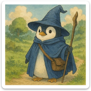 penguin wizard, detailed, whimsical, soft colors, ghibli style illustration sticker