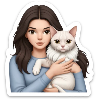 brunette Kendall Jenner with long hair holding on the hands a british white cat and a grey Sphynx sticker