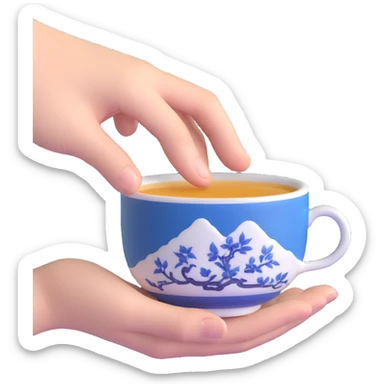 human hand holding a small traditional Chinese blue and white porcelain tea cup without handle sticker