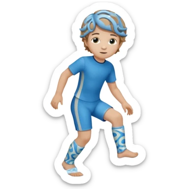 A little male child with a blue/beige outfit and  curled light brown hair and shoes which are orthopedic ankle-foot orthosises (AFO) for a small child. The brace goes just below the knee and its with a bright blue water-like pattern with a spiral side design. sticker