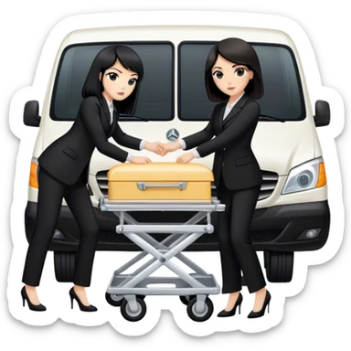 One black haired woman and one brunett woman in black pants suits punching a funeral stretcher in to a black Mercedes Vito funeral van  sticker