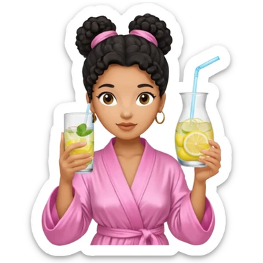 Mixed-race woman with caramel skin, black curly hair tied in a bun, wearing a pastel pink silk robe, holding a glass of infused water with lemon sticker