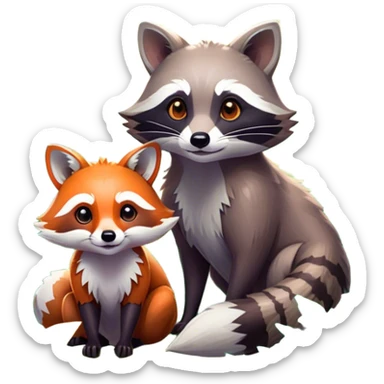 Collage of a raccoon and a fox, in close-up, surrounded by a colorful forest with rich green trees, thick bushes, and vibrant foliage. Sunlight peeks through the branches, casting warm light on the animals. A lively, natural setting with a transparent background. sticker