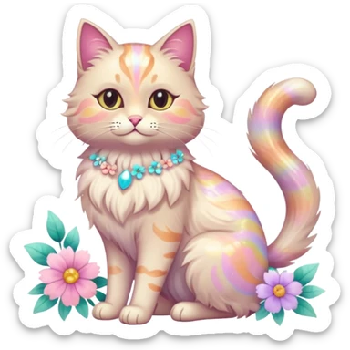 Pastel colorful shiny ethereal elegant pretty beautiful realistic furry fluffy glossy glittery cat with flowers and pastel colors aesthetic (full body) sticker