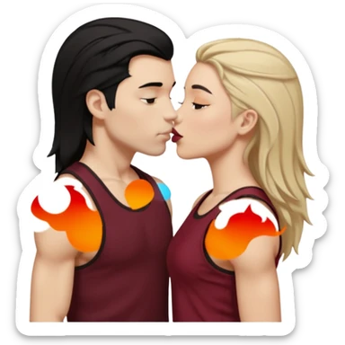 a white masculine woman with short mullet tomboy black hair wearing men's black tank top kissing a lightskin woman with long dark blonde hair wearing maroon tank top sticker