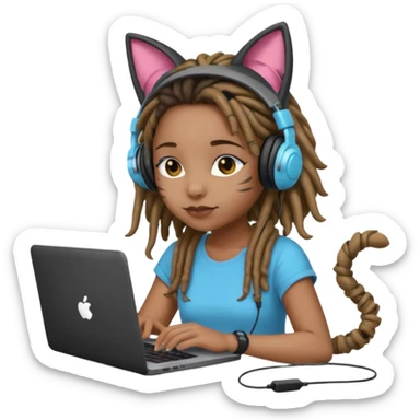 black girl with dreads who works remotely through a laptop with headphones that have plastic cat ears connected to the headphones.  sticker