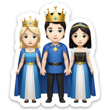 Prince with crown, blue cape and trousers, body and legs, black hair, blue eyes and maid, blonde hair, green eyes, sexy white short sleveless dress,  sticker