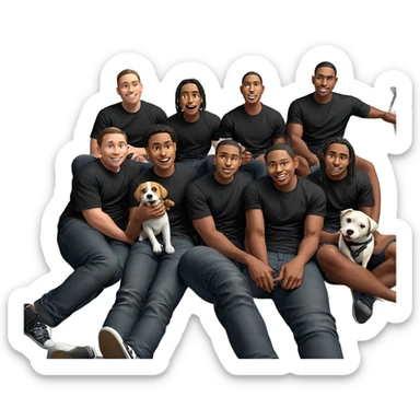 boys in black shirts with dog sticker
