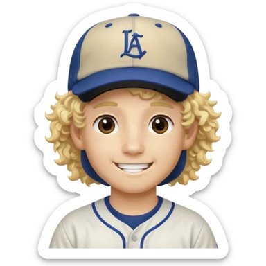 blonde boy with long curly hair past his hears and a LA baseball hat in japanese, smiling sticker