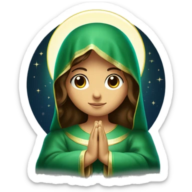 Virgin Mary: kind face looking down at the left, long brown hair, Wearing an emerald green  robe,  Hands in prayer or blessing. Halo around her head. standing on a crescent moon.  sticker