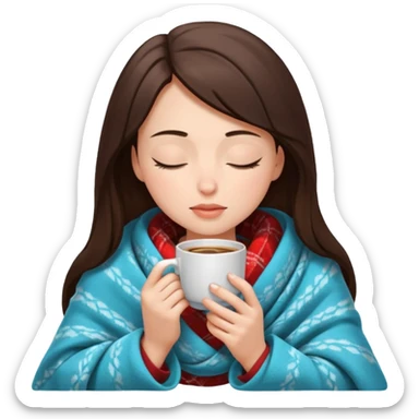 Brunette girl inside a blanket sipping coffee eyes closed sticker