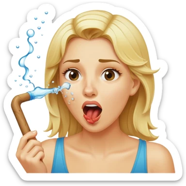 blond woman biting a wide skin-tone stick with a bite mark, water jet shooting from the stick into her mouth, surprised look sticker
