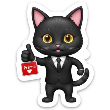 A cat in a black business suit holds a sign with the inscription "PrimeCopy" with one paw and shows a like with the other paw sticker