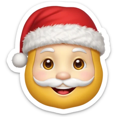 A yellow small smiling face wearing a red Santa hat with a pompom, rosy cheeks and twinkling eyes, conveying a warm, festive vibe. It should be a trolling smile. Like kappa. sticker