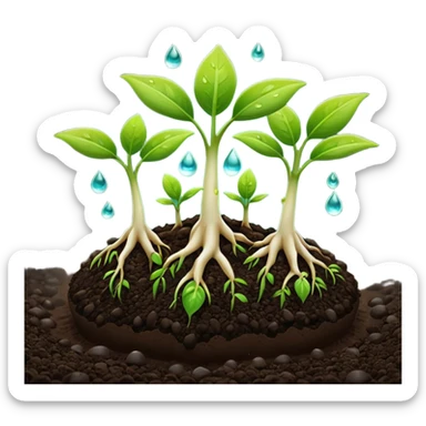 A 3D cartoon view of small green seedlings sprouting from dark soil, soft sunlight, water droplets on leaves, minimal background, realistic Memoji-style look. sticker