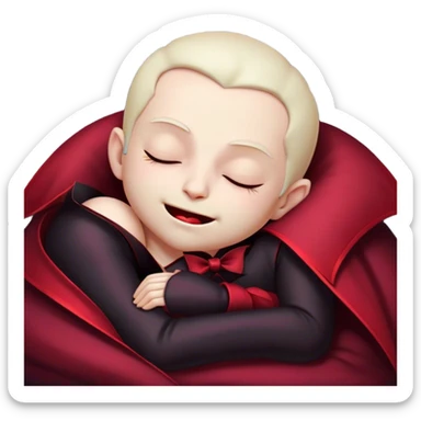 Meme-Worthy Cute Sleeping Vampire Portrait Emoji, with a refined, small, pale face softened by closed, serene eyes and a slight, peaceful smile, adorned in miniature elegant dark attire with a hint of fading crimson, simplified yet irresistibly adorable, highly detailed with a soft ethereal outline that captures the drowsy charm of a vampire in quiet nighttime slumber! sticker