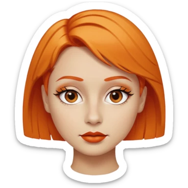 A person emoji with light skin, short orange hair swept to one side, matching orange eyebrows, brown eyes, an oval-shaped face, a small nose, and dark lipstick. sticker