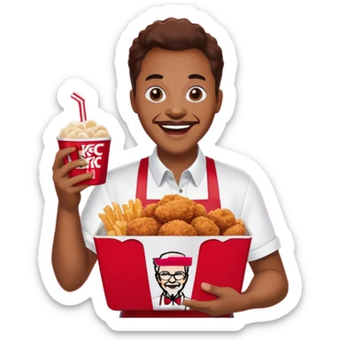 Create an emoji of a person holding a KFC meal with the phrase 'Absolute Cinema' in bold text. The person should look excited, as if they're enjoying the best meal ever. Use vibrant colors and a fun, expressive style."Remove the cup from the image and replace it with empty space. Keep the person holding the KFC meal with a happy expression. Add the phrase 'Absolute Cinema' in bold text, making sure it is clearly visible and well-integrated into the design." sticker