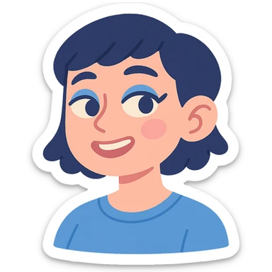 profile picture of a 22-year-old girl with short hair, cool tone makeup, blue shirt, pastel toon style sticker