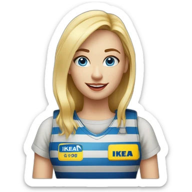 Ikea coworker blue eyes blond woman blue stripes t-shirt and yellow security vest with trolley scan sticker