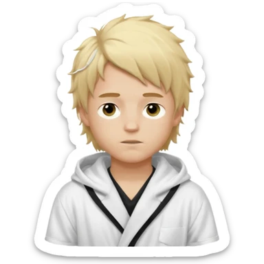 Create a blond boy with long, messy hair, light eyes, a white t-shirt, rich, with long hair, blue eyes, medium-length, voluminous hair, wearing a black Nike bathrobe and a little blush near his nose. and with a  balaclava, but showing her hair. sticker