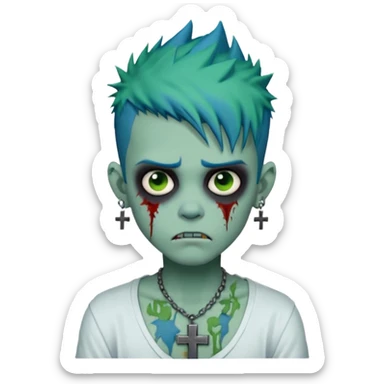 zombie boy with spiky emo blue hair and white shirt , tattos, a risk on the eyebrow, earings,  a necklace with a cross, green skin, shaggy, dark, spooky, creepy expression emoji  sticker