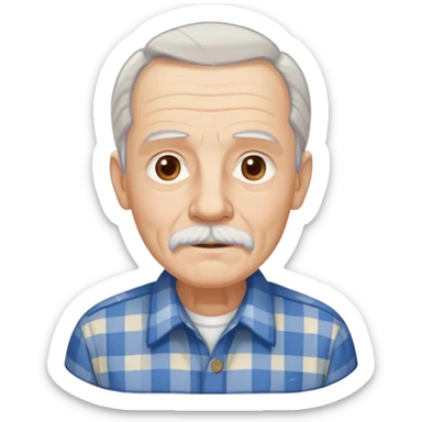 Elderly man with light skin. Elongated face with kind expression. Light brown eyes. Thin eyebrows. White goatee and white mustache. Gray-white hair combed back. Wearing a blue and beige checkered button-up shirt. sticker