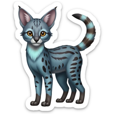 Realistic patterned marked edgy bluish greyish blackish whitish silvery Shiny Colorful Dusky Dark Glossy Genet-Caracal-Lion-Bobcat-fusion-animal-hybrid-creature, full body, tufted ears, long thin tufted tail sticker